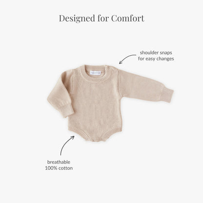 Hello World Embroidered Knit Romper - Fawn