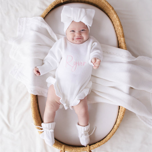 Ruffle Knit Romper Set - White