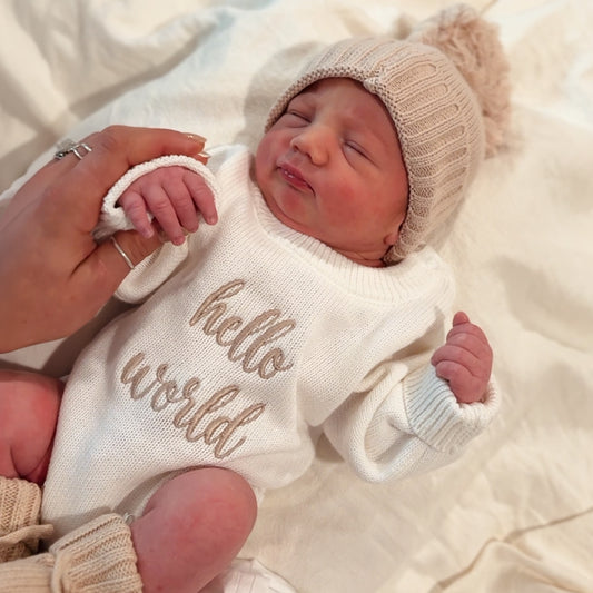 Hello World Embroidered Knit Romper - White