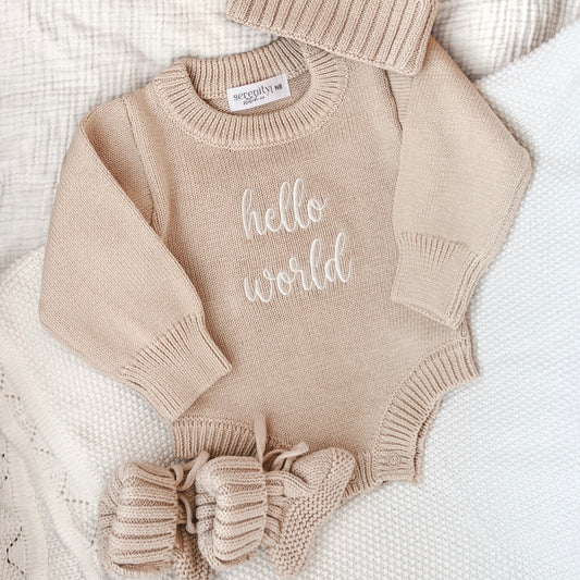 Hello World Embroidered Knit Romper - Fawn