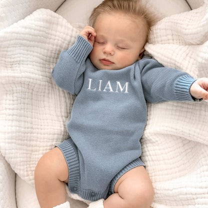 Personalized Baby Boy Classic Knit Romper - Slate
