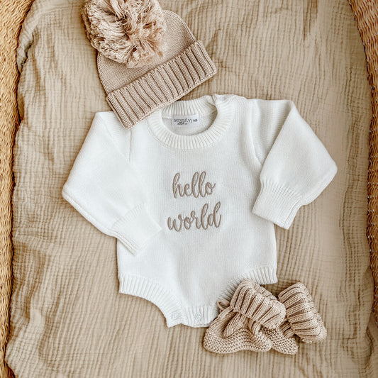Hello World Embroidered Knit Romper - White