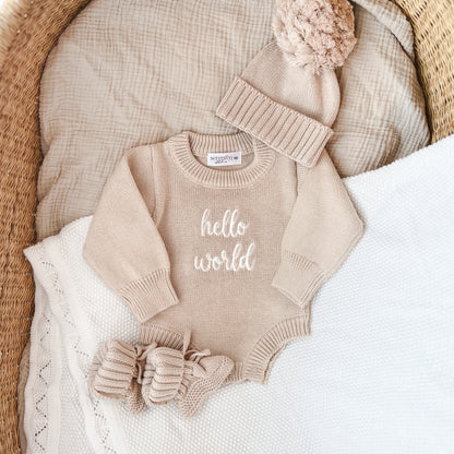 Hello World Embroidered Knit Romper - Fawn