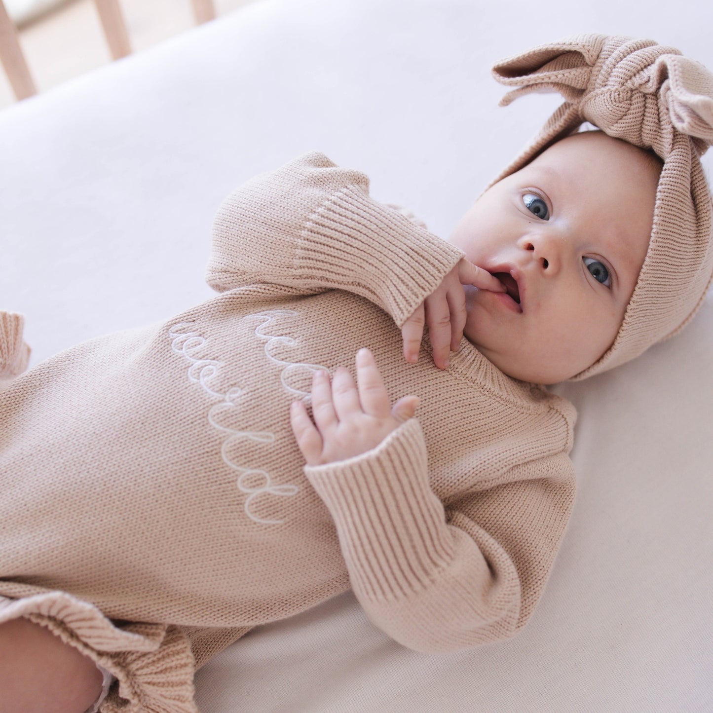 Hello World Knit Ruffle Romper - Fawn
