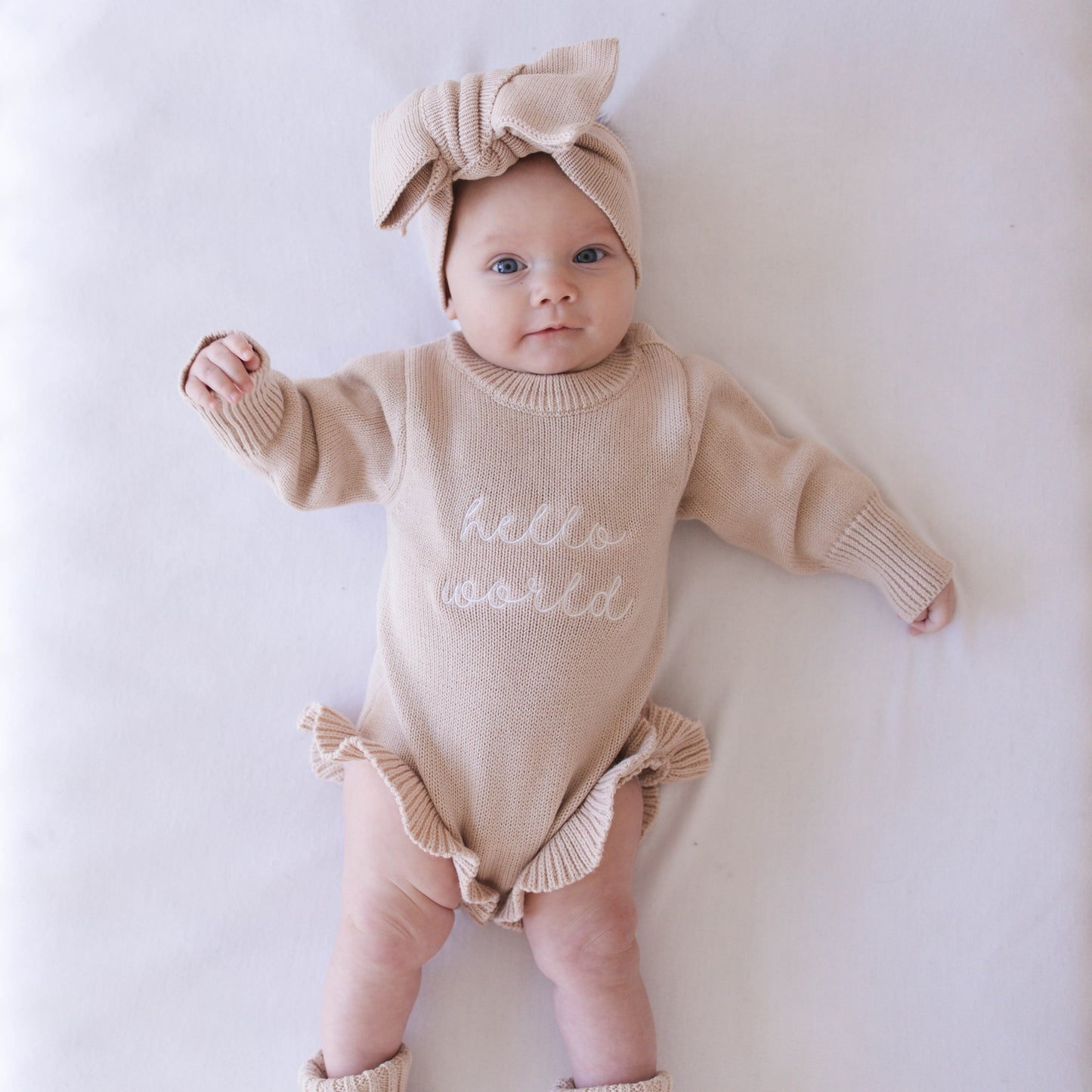 Hello World Knit Ruffle Romper - Fawn