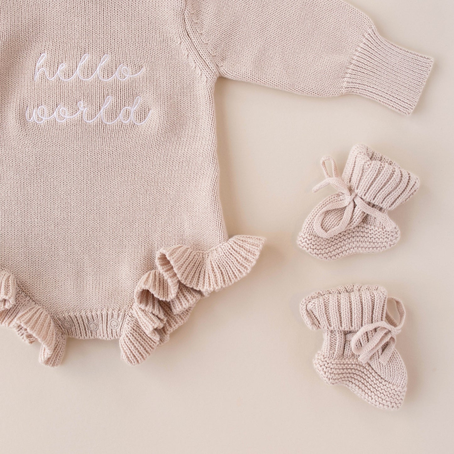 Hello World Knit Ruffle Romper - Fawn