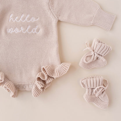 Hello World Knit Ruffle Romper - Fawn