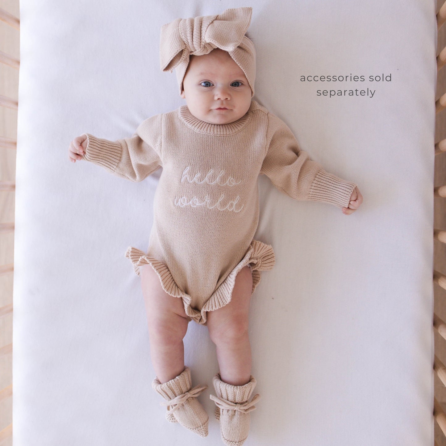 Hello World Knit Ruffle Romper - Fawn